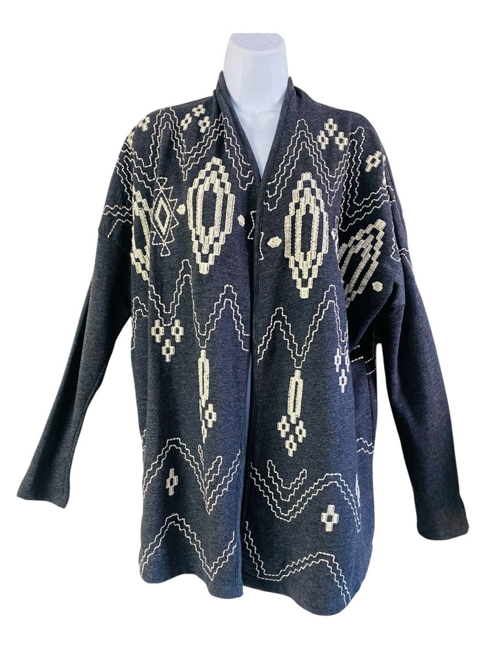 Lucky Bliss Charcoal Grey Embroidered Aztec/Southwest Open Front Cardigan Size L